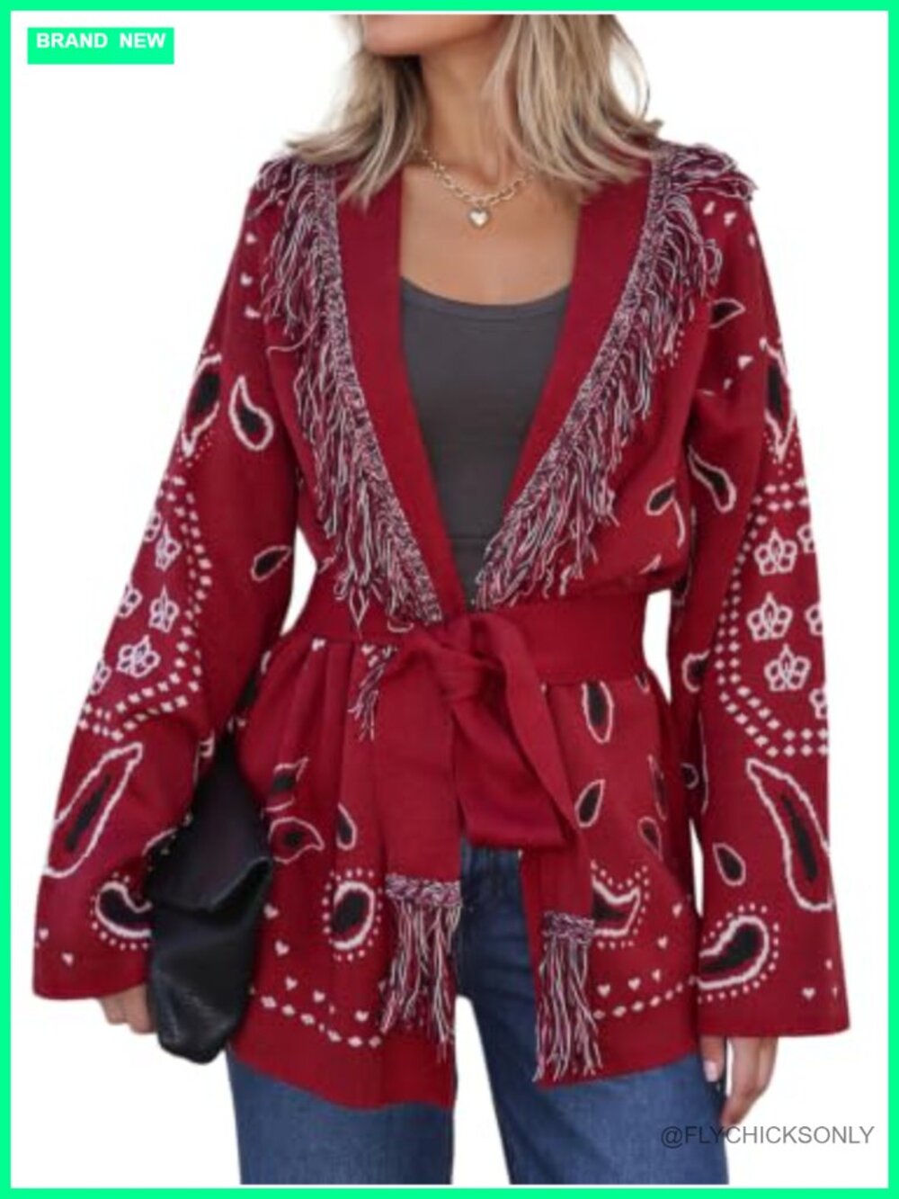 Fringe Cardigan Long Sleeve V Neck Belt Sweater Knit